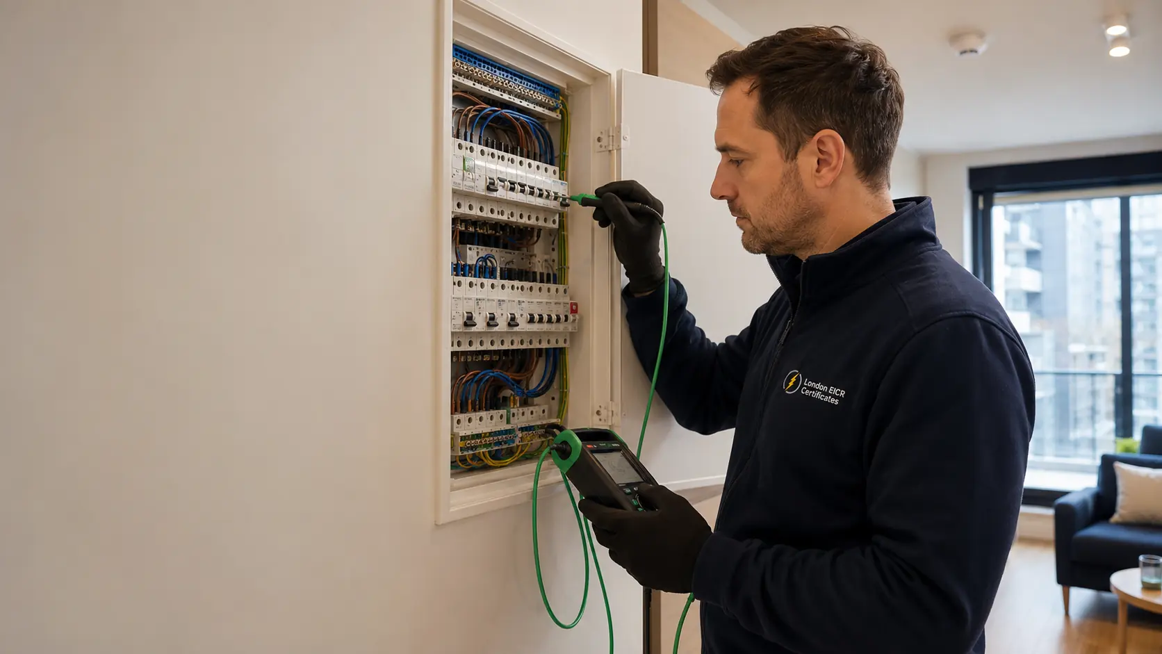 An engineer tests an open consumer unit with a multifunction installation tester.