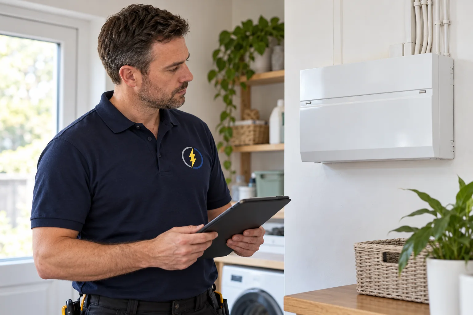 Illustrative branded electrician reviewing a closed domestic consumer unit.