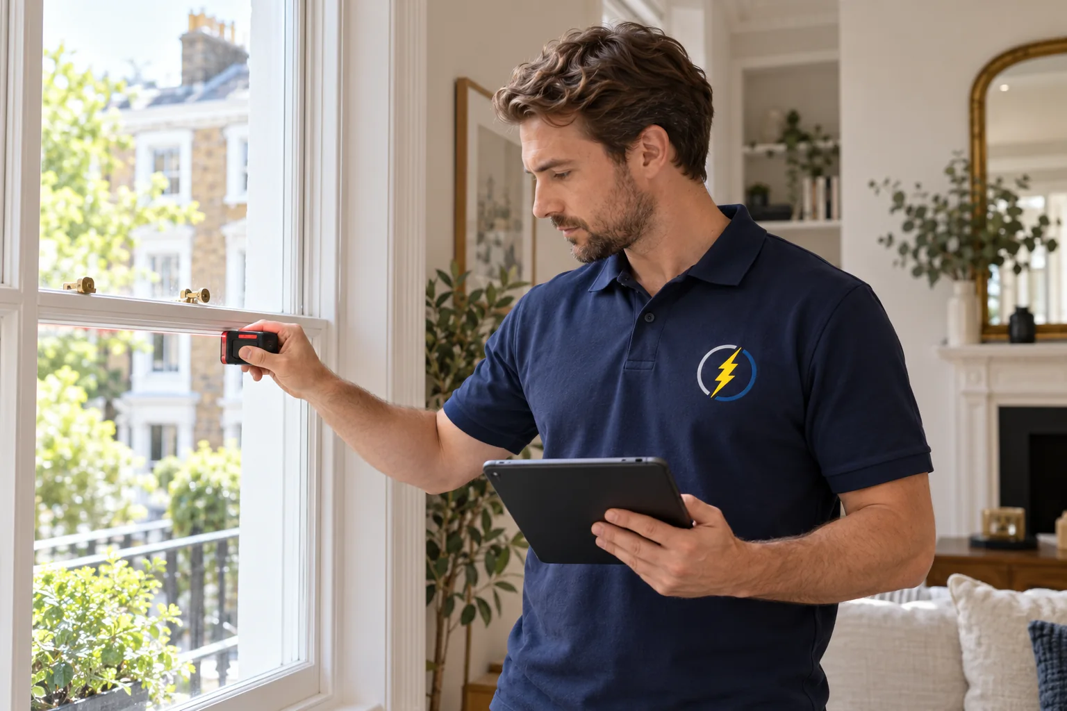 Illustrative domestic energy assessor measuring a window, wearing a navy polo with the London EICR lightning-bolt mark.