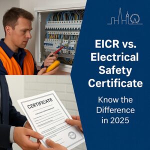 Electrician testing fuse board next to a certificate exchange — illustrating the difference between an EICR report and an electrical safety certificate in 2025.