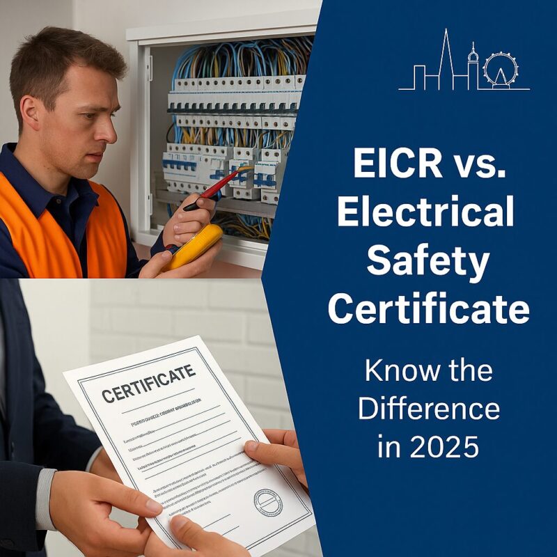 Electrician testing fuse board next to a certificate exchange — illustrating the difference between an EICR report and an electrical safety certificate in 2025.