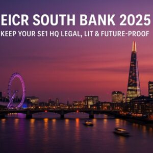 South Bank skyline at dusk with The Shard and London Eye illuminated – EICR South Bank 2025 hero image.