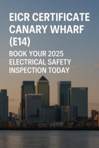 Canary Wharf skyline at sunset with bold text promoting 2025 EICR certificate bookings in E14 London.