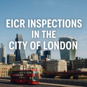 Skyline of the City of London with red bus and modern office buildings, promoting EICR electrical inspections in EC1 to EC4.