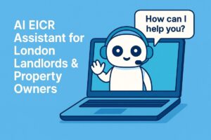 Illustration of a smiling AI chatbot helping landlords check EICR compliance in London.