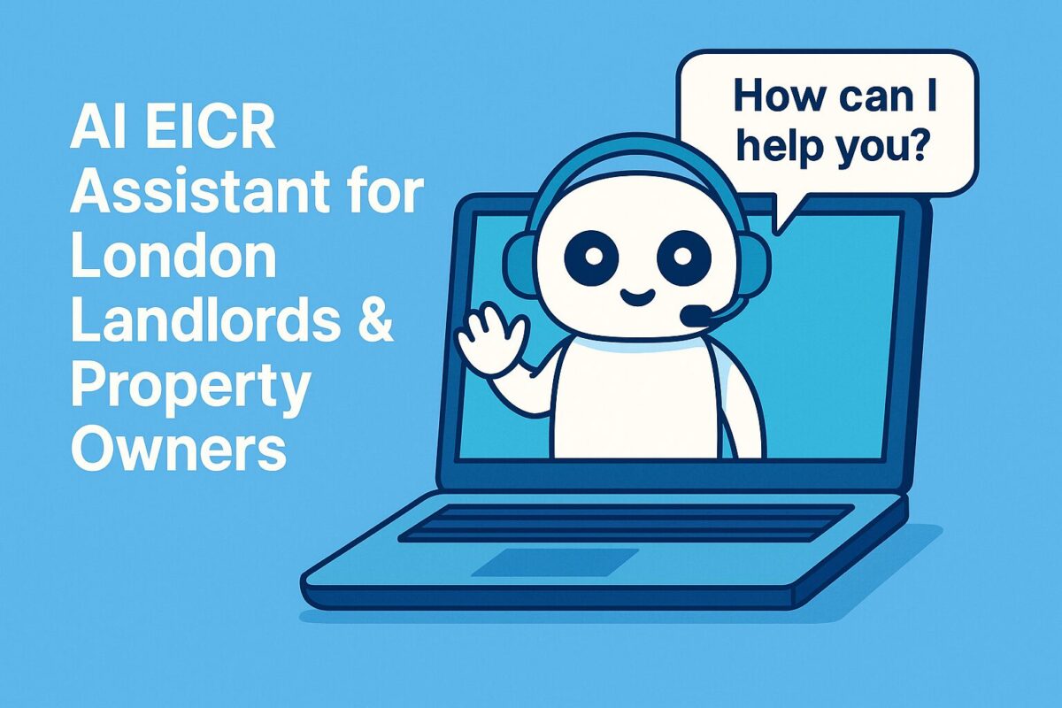 Illustration of a smiling AI chatbot helping landlords check EICR compliance in London.