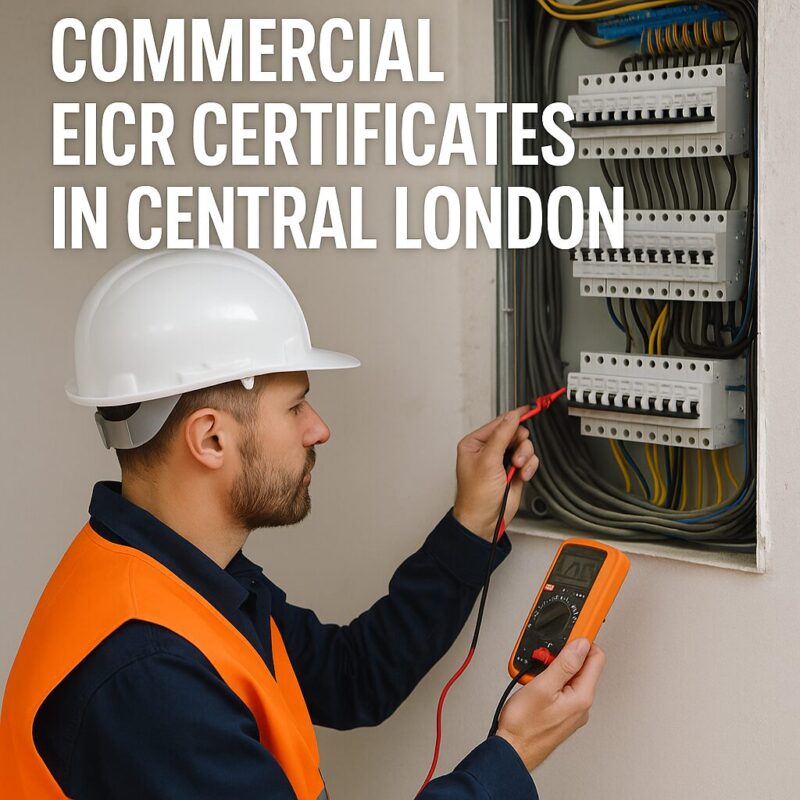 Electrician performing commercial EICR inspection on electrical panel in Central London office.