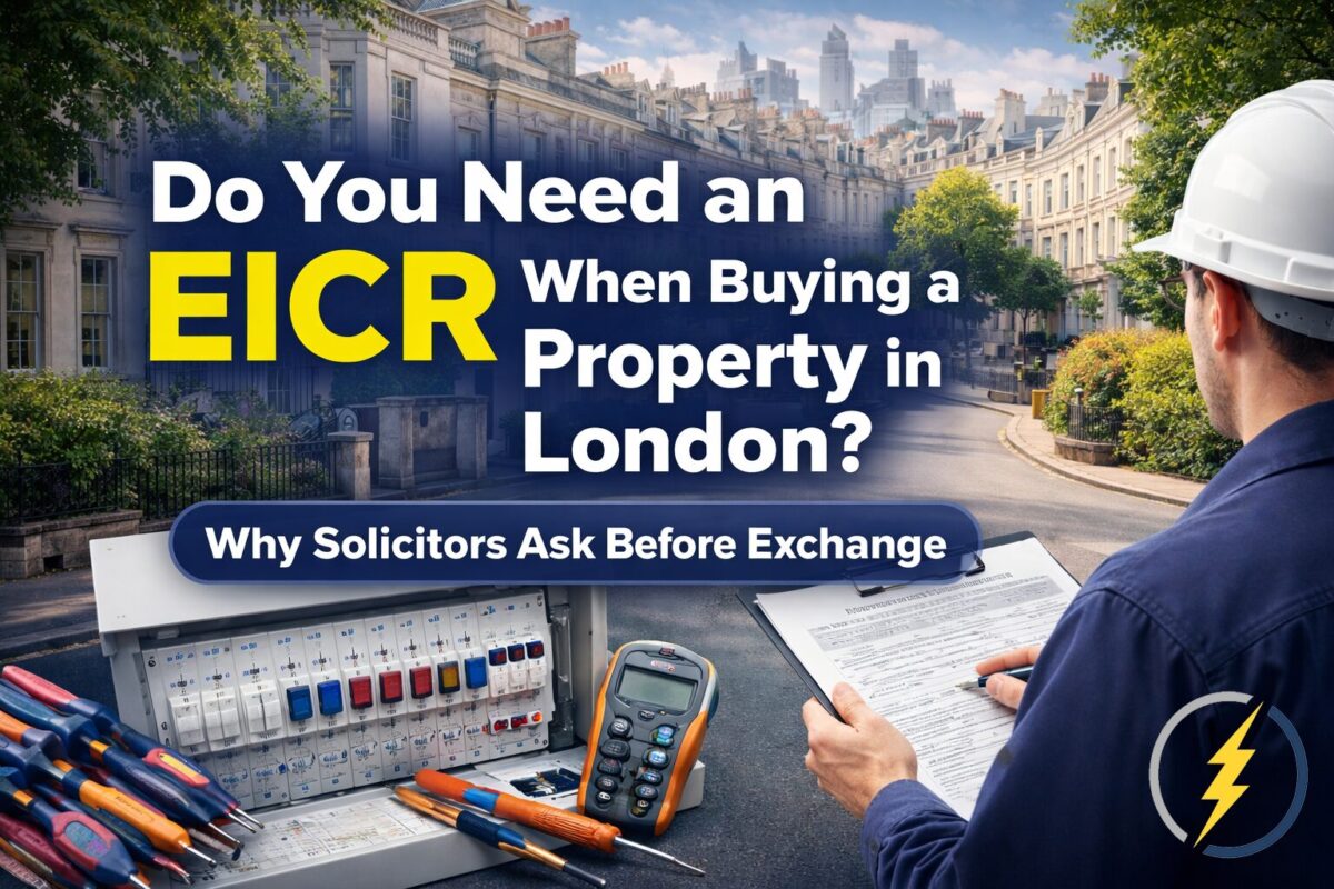 Electrician carrying out an EICR inspection in a London property before exchange of contracts during a property purchase.