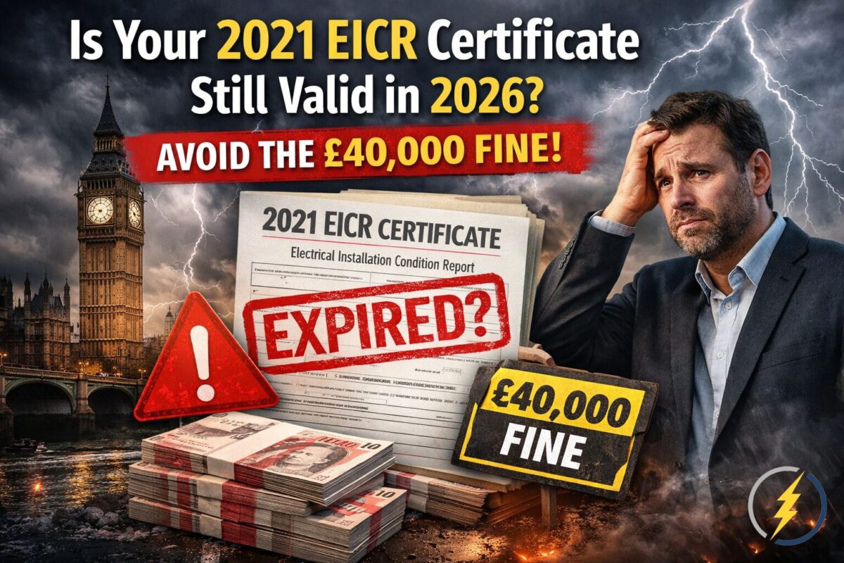 Expired 2021 EICR certificate warning image for London landlords facing possible fines in 2026.