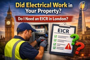 Electrician carrying out electrical work in a property in London with EICR report checklist and question marks about whether an EICR is needed after electrical work