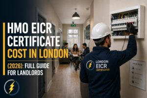 Engineer carrying out an EICR inspection in an HMO property in London for a blog about HMO EICR certificate costs in 2026.