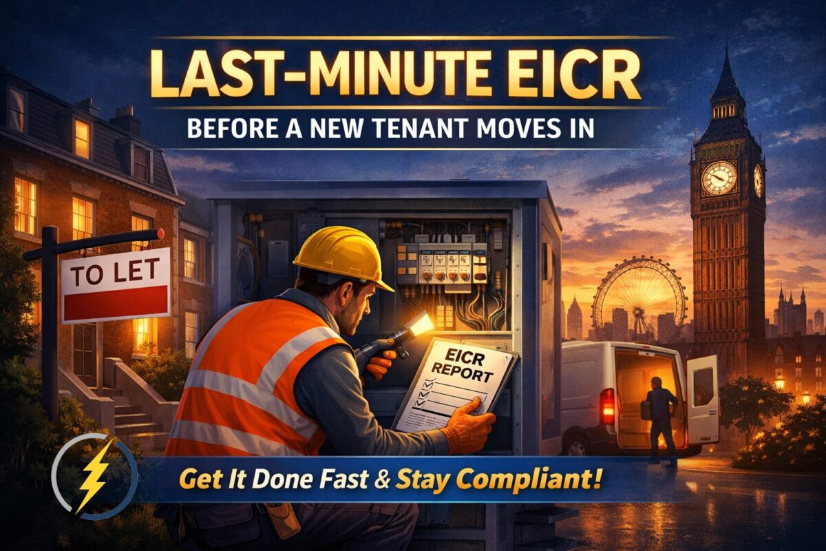 Electrician carrying out a last-minute EICR inspection in a London rental property before a new tenant moves in.