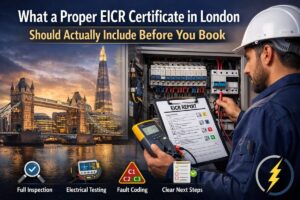 Electrician carrying out EICR inspection in London with consumer unit testing and EICR report showing C1 C2 C3 fault coding.