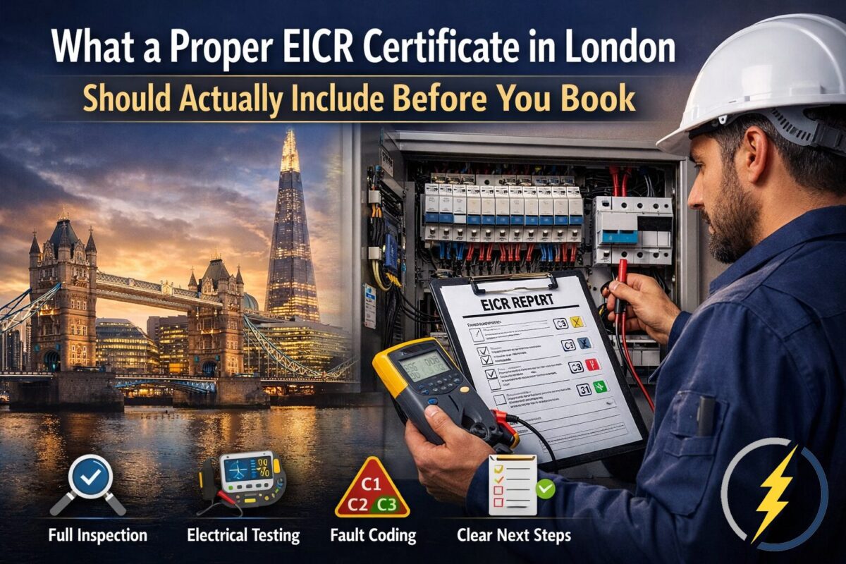 Electrician carrying out EICR inspection in London with consumer unit testing and EICR report showing C1 C2 C3 fault coding.