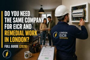 Electrician carrying out EICR inspection and remedial work in London property – do you need the same company for EICR and repairs