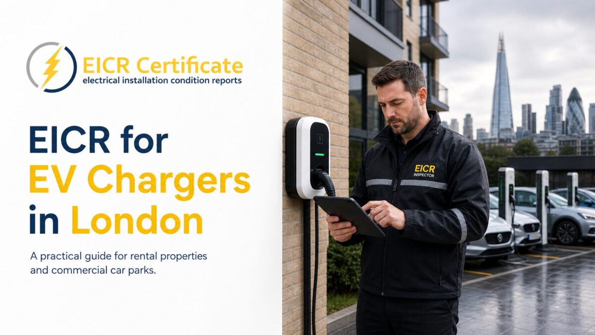 EICR inspector checking an EV charger at a London property with commercial charging points in the background.