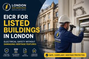 EICR electrician inspecting electrical system in a London listed building without damaging heritage features.