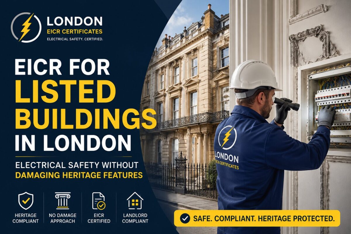 EICR electrician inspecting electrical system in a London listed building without damaging heritage features.