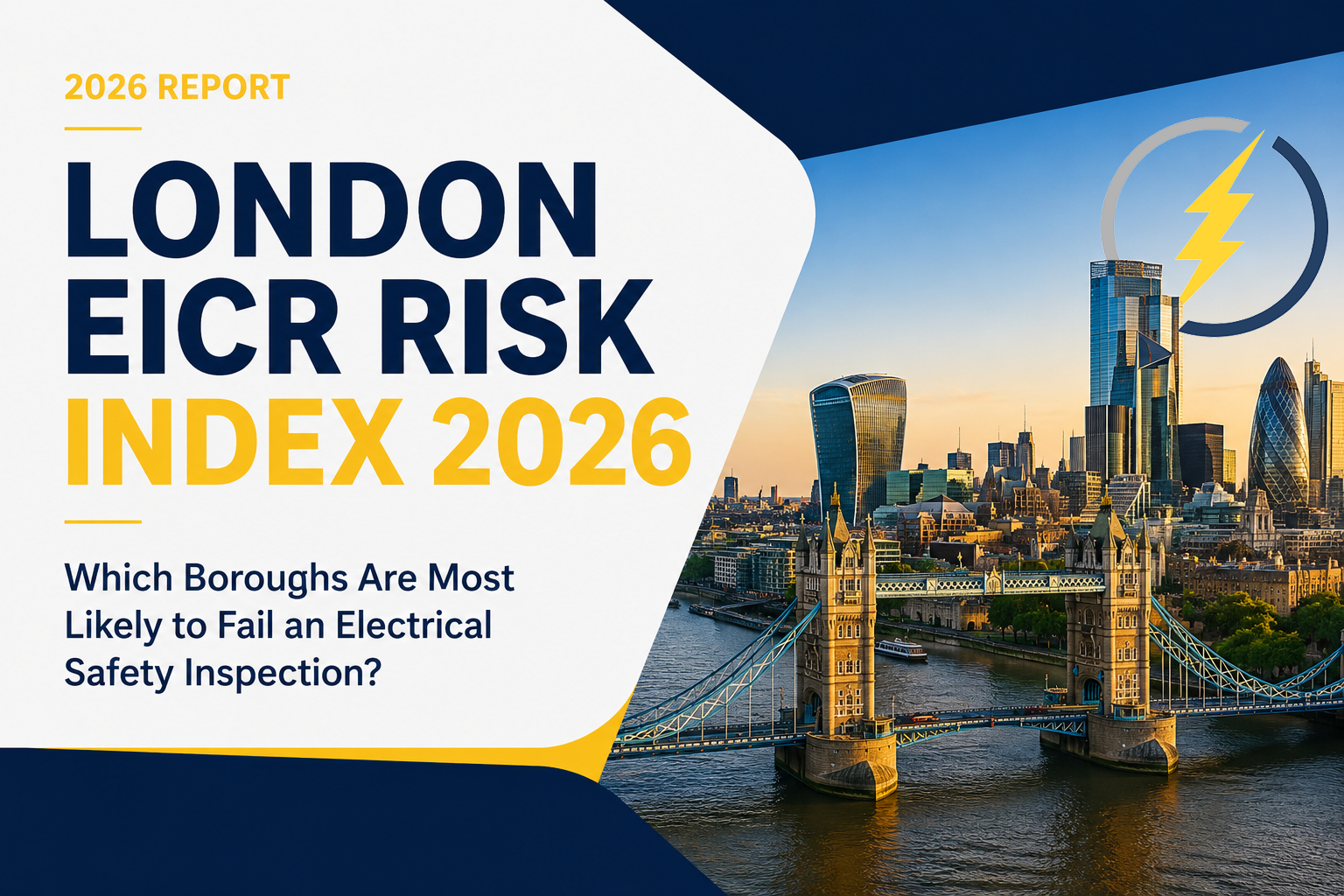 London EICR Risk Index 2026 showing Tower Bridge and the London skyline for a guide on boroughs most likely to fail an electrical safety inspection.