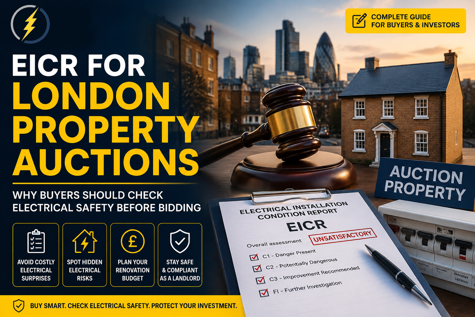 EICR for London property auctions showing an electrical installation condition report, auction gavel and property model before bidding