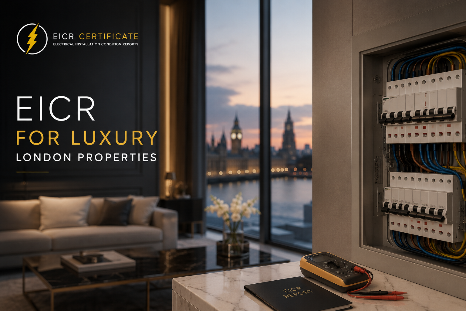 EICR for luxury London properties with premium apartment, electrical consumer unit and testing equipment