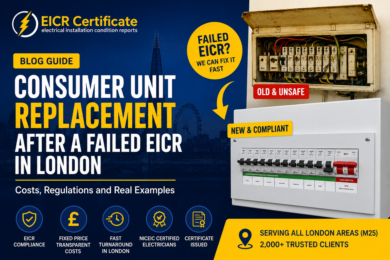 Consumer unit replacement after a failed EICR in London showing an old unsafe fuse box and a modern compliant consumer unit
