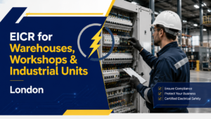 Electrician carrying out an EICR inspection in a London warehouse, workshop or industrial unit