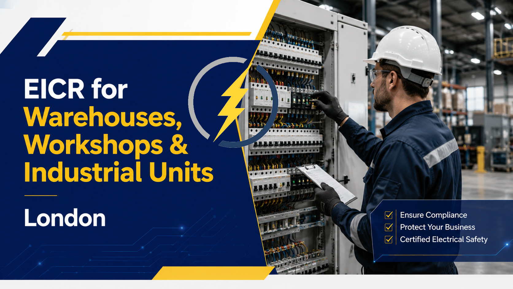 Electrician carrying out an EICR inspection in a London warehouse, workshop or industrial unit