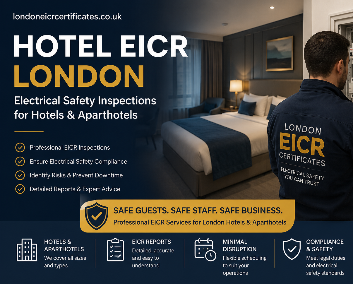 Electrician carrying out a hotel EICR inspection in London