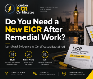 Electrician reviewing EICR remedial work certificates beside a consumer unit in London