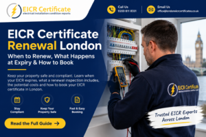 EICR certificate renewal London guide showing an electrician testing a consumer unit during an electrical installation condition report.