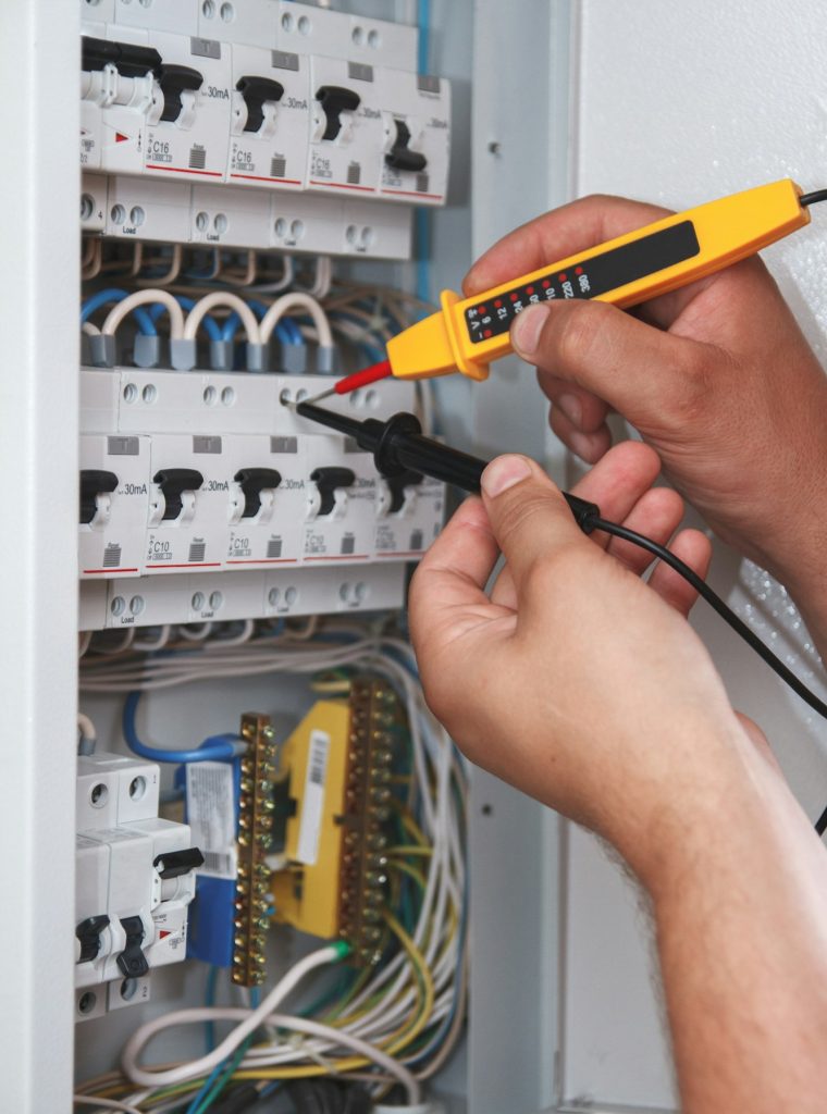 Electrician with multimeter probe at an electrical switchgear ca