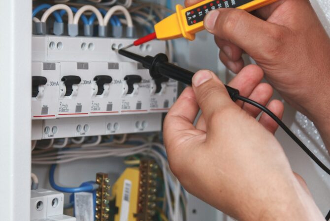 Electrician with multimeter probe at an electrical switchgear ca